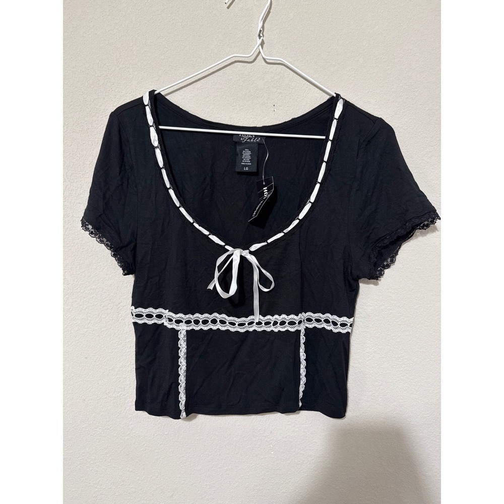 NWT Black & Lace Black‎ Babydoll L Tee Hot Topic Large Whimsigoth Goth Bow Lace